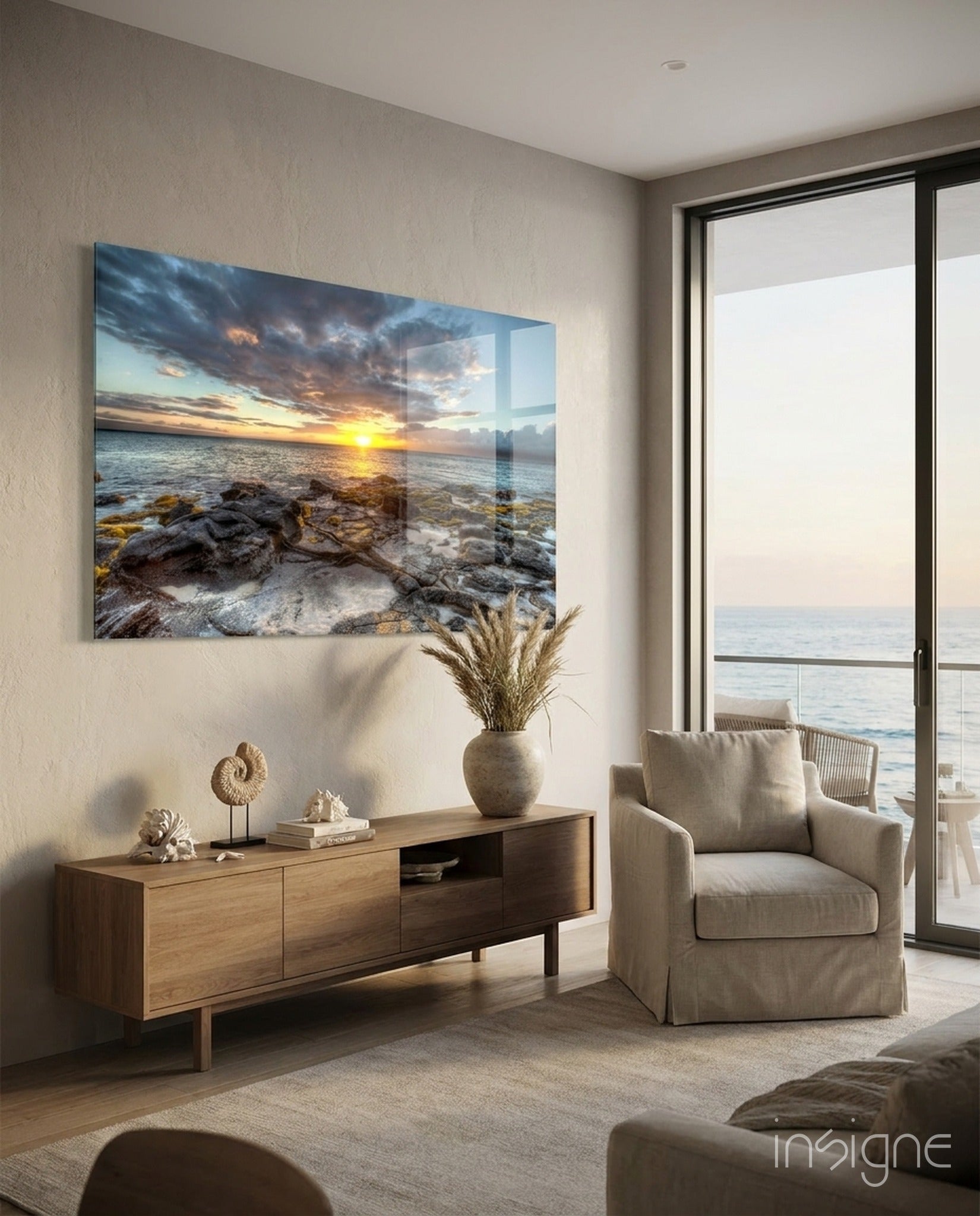 Rocky shore sunset horizon glass wall art with dramatic clouds
