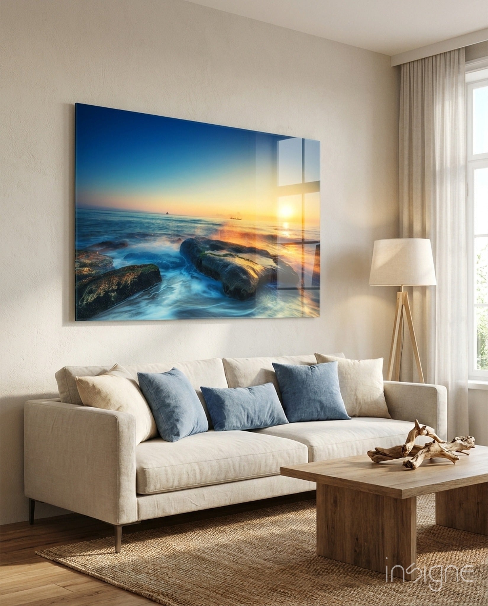 Silky waves over boulders coastal glass wall art