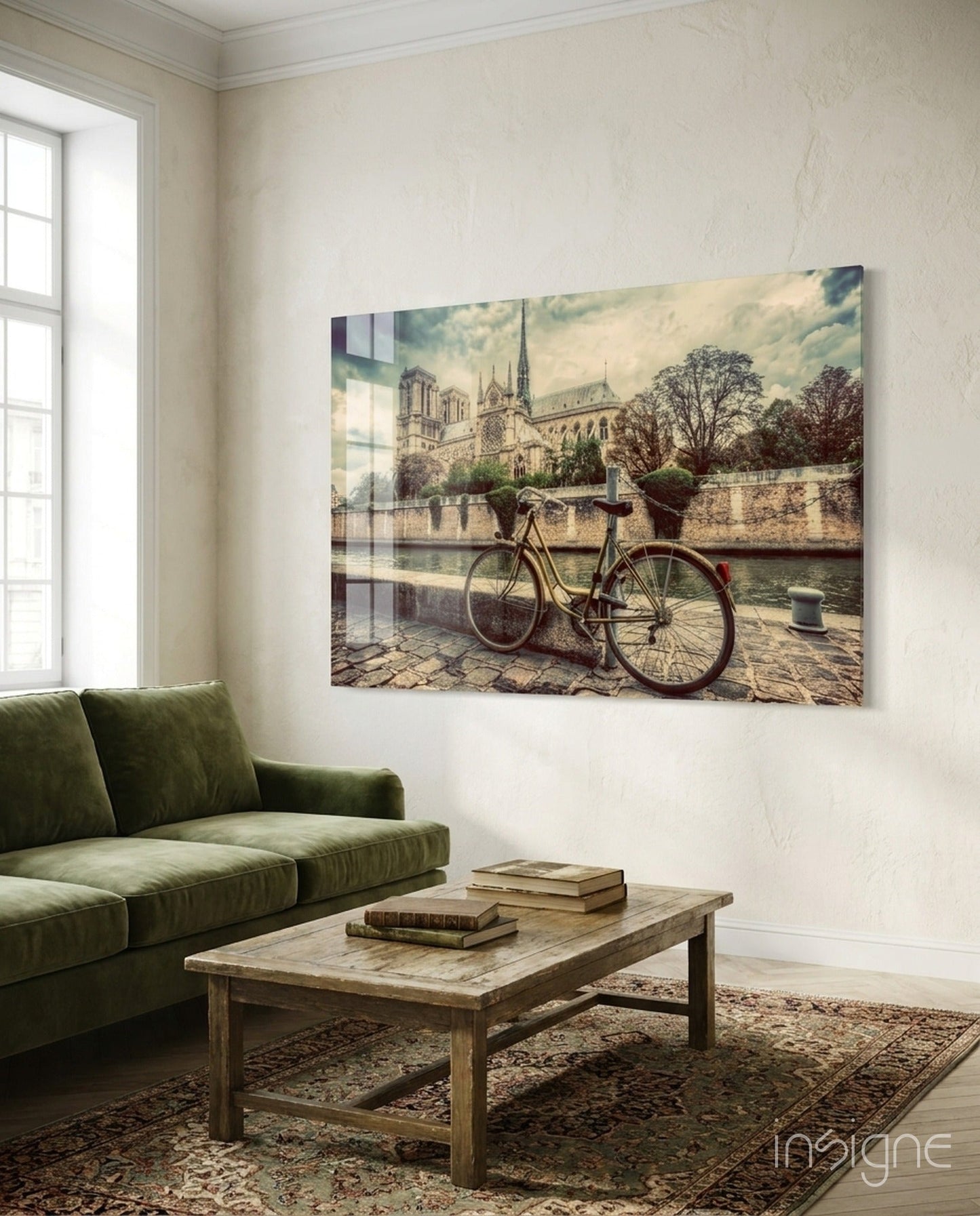 Vintage bicycle by the Seine with Notre-Dame, Paris travel glass wall art on tempered glass