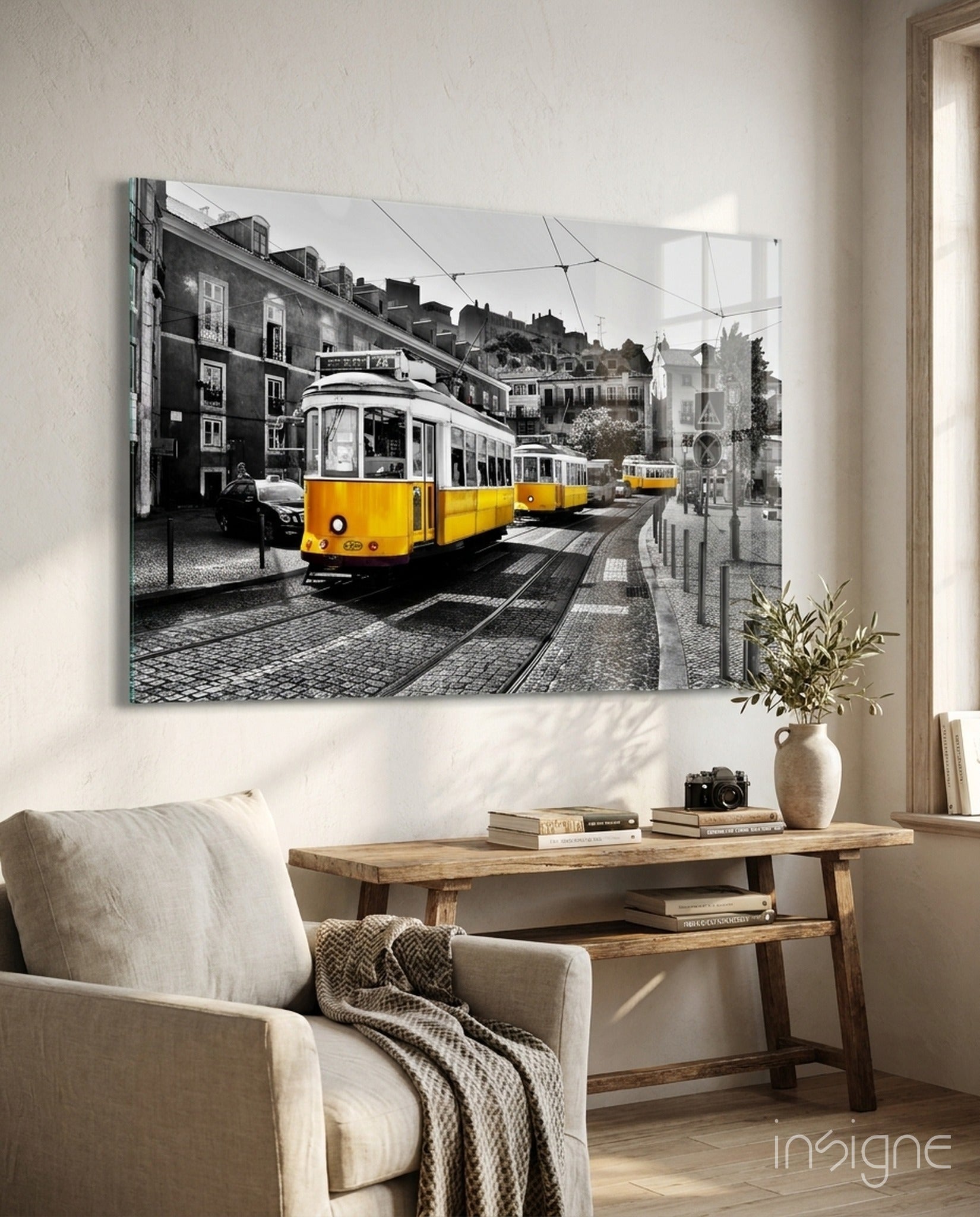 Yellow Tram Lisbon glass wall art