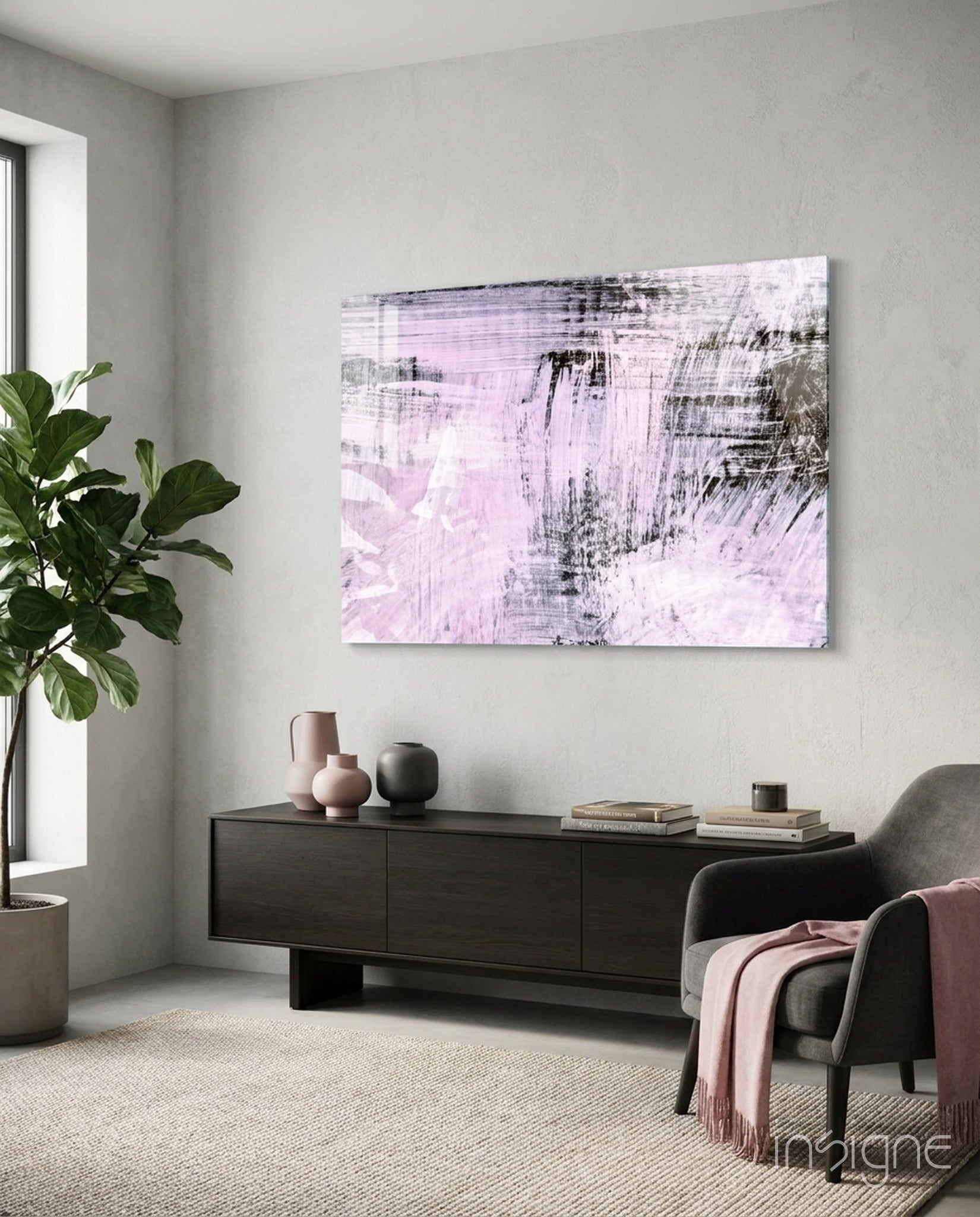 Blush Brushstroke Abstract Glass Wall Art in pink and white tones