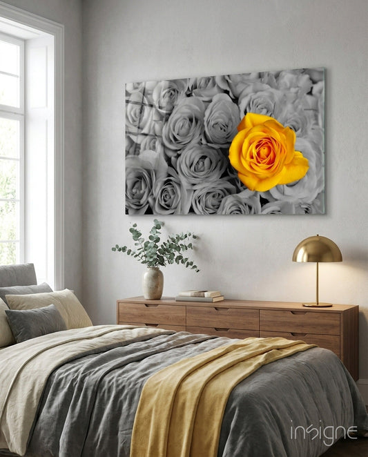 Yellow rose glass wall art selective color print