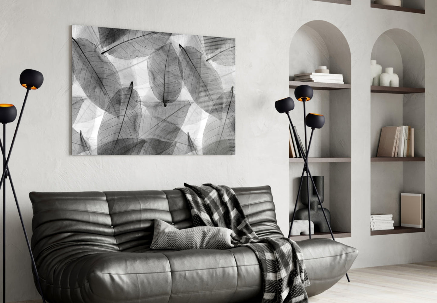 Black & White Leaves Glass Wall Art