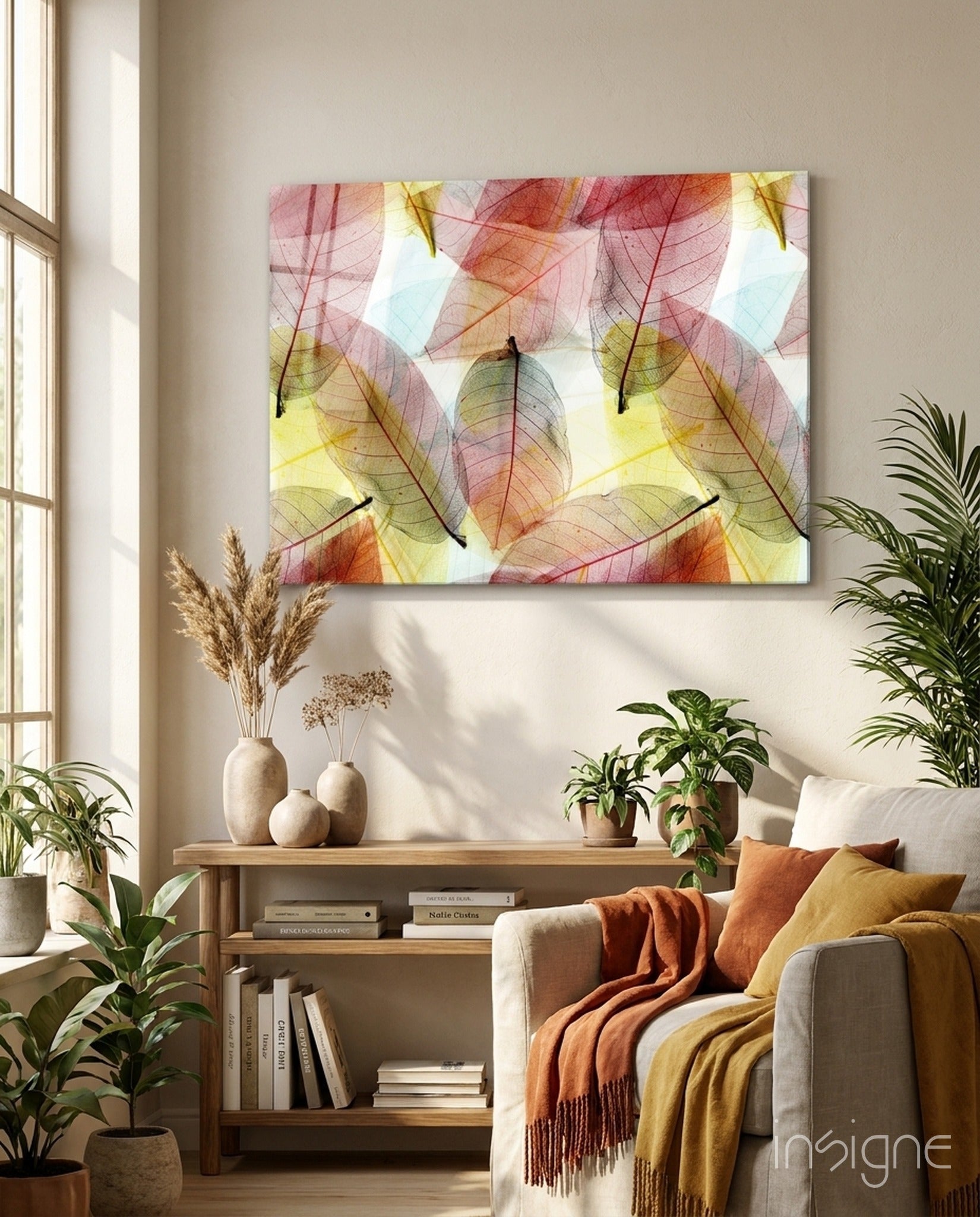 Backlit autumn leaf layers glass wall art
