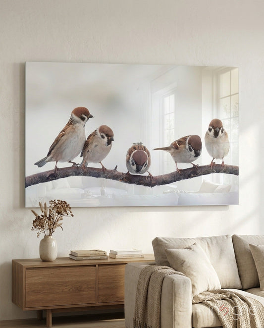 Sparrows on a branch glass wall art - five sparrows in winter light, tempered glass print