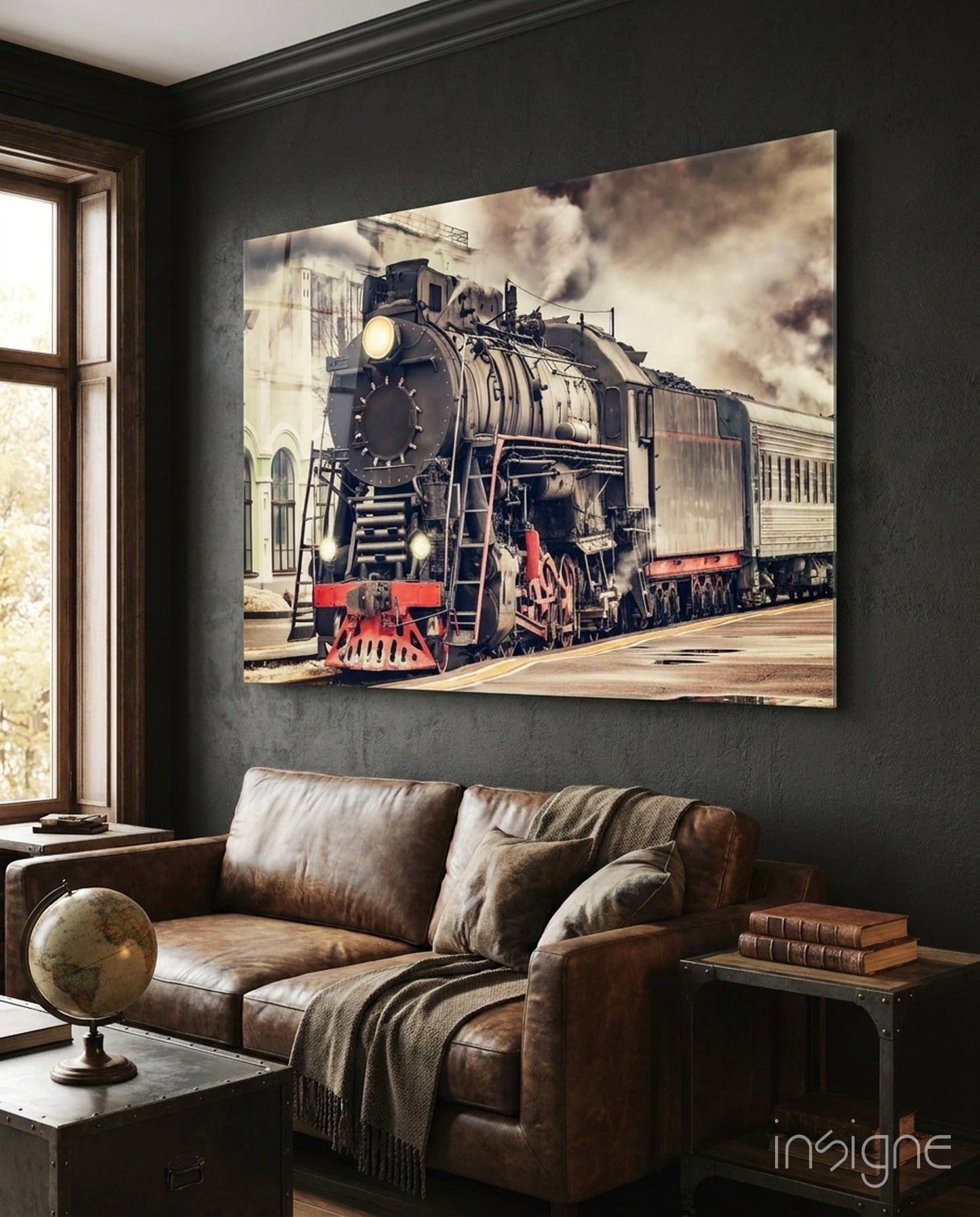 Vintage steam locomotive glass wall art print
