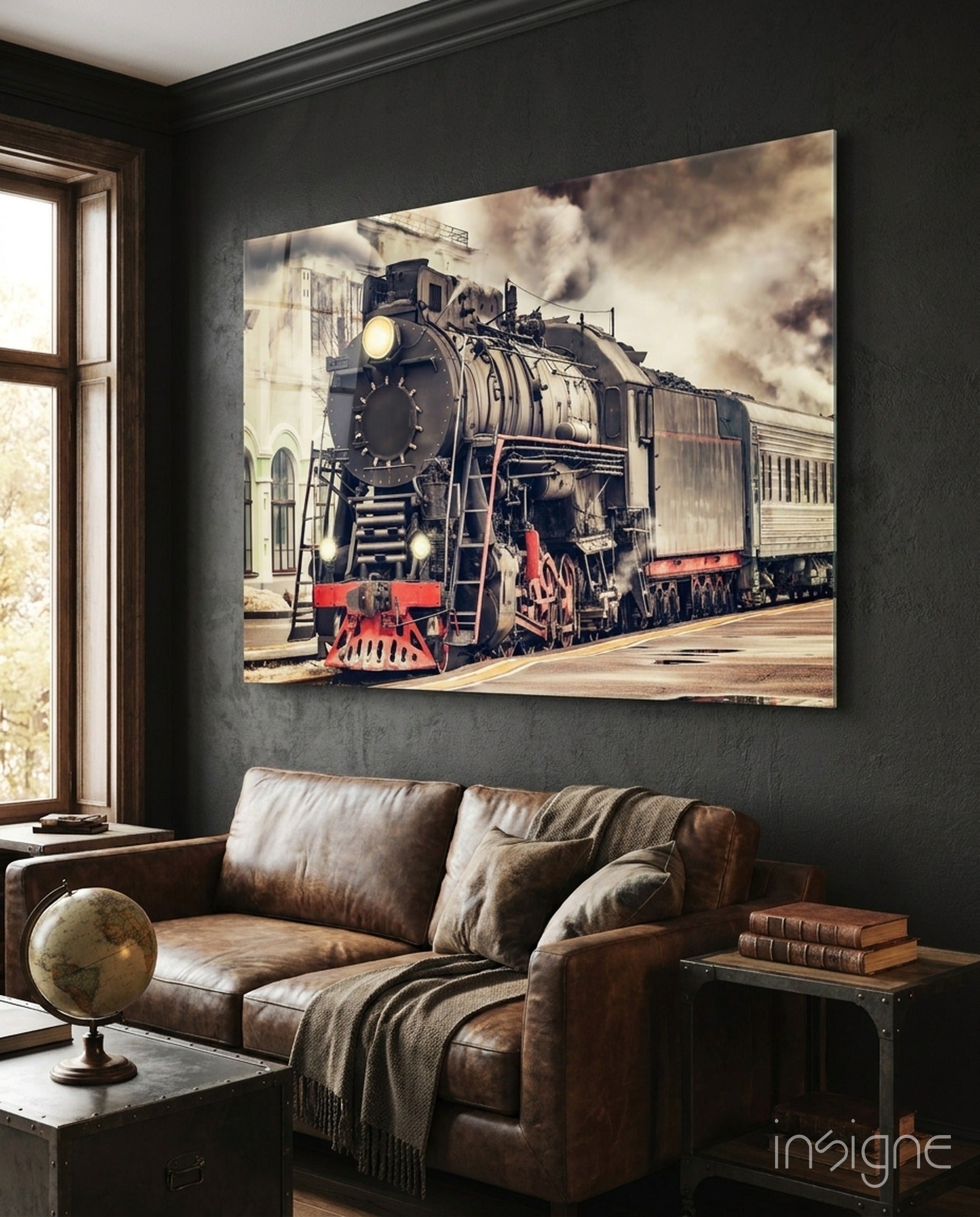 Vintage steam locomotive glass wall art print