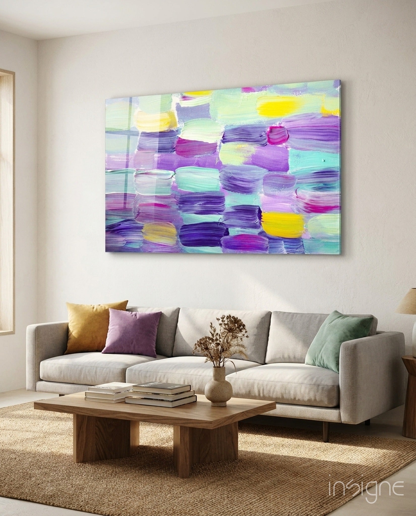 Pastel Brushstroke Abstract Glass Wall Art in lilac and mint tones