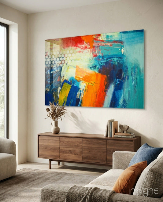 Bold Impasto Abstract Glass Wall Art in orange and cobalt tones