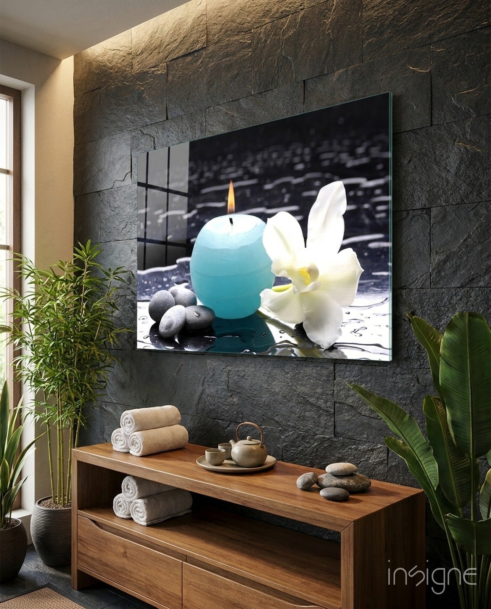 Candle and orchid spa glass wall art with black stones on high-gloss tempered glass