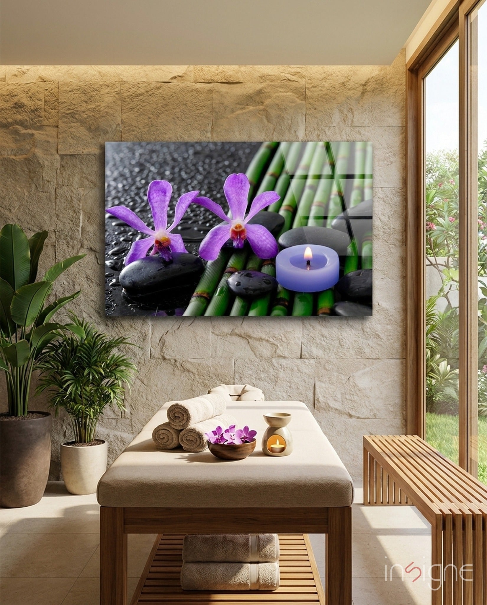 Purple Orchids Bamboo Candle glass wall art with spa still-life design