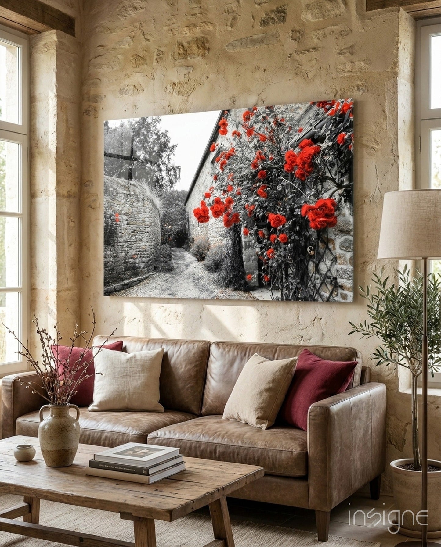 Red Roses Stone Alley glass wall art selective color