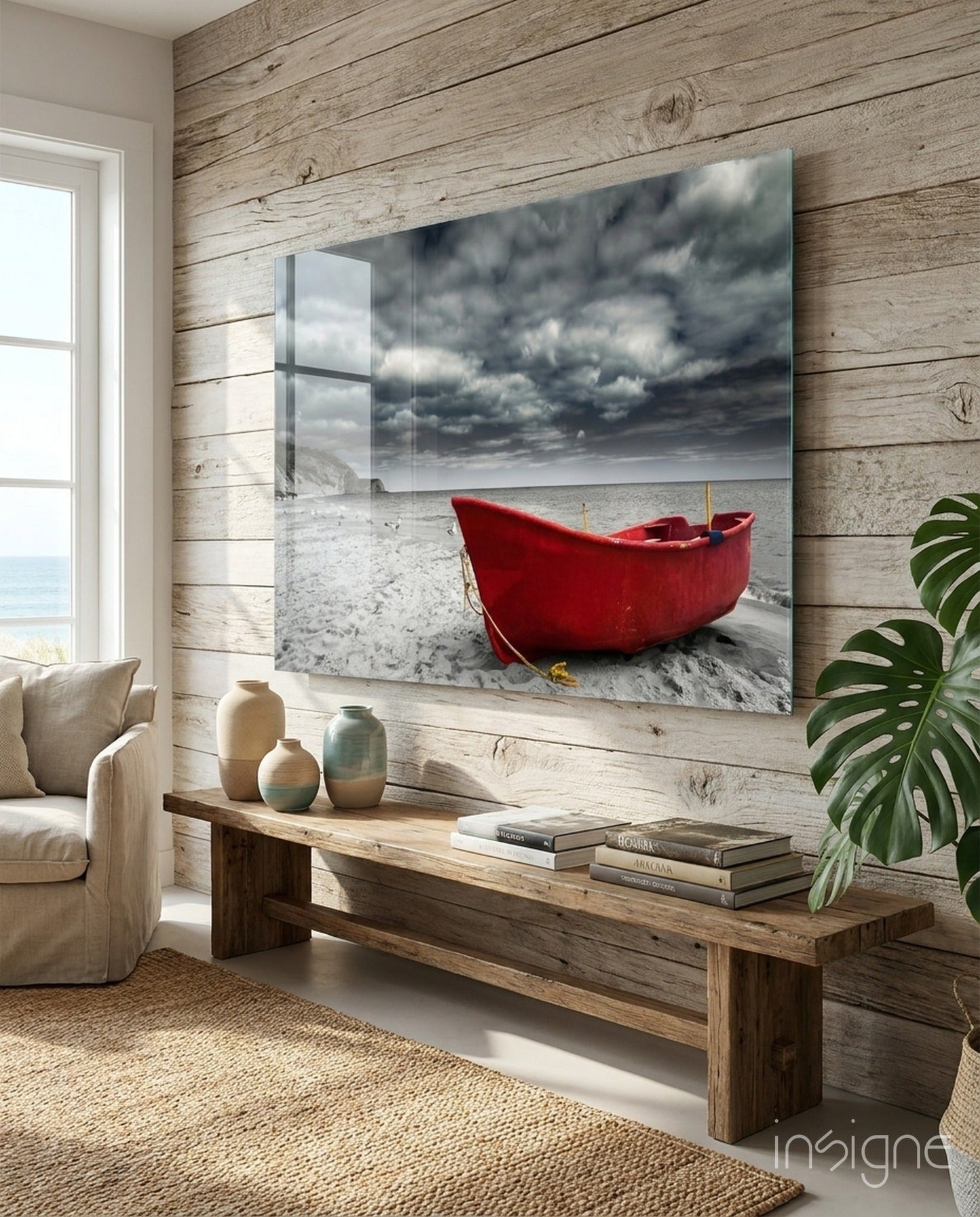 Scarlet Boat Under Dark Clouds coastal glass wall art