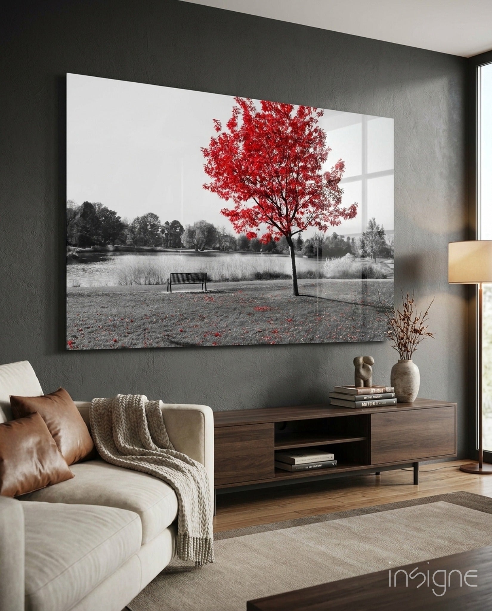 Lone red tree bench glass wall art