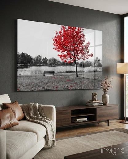 Lone red tree bench glass wall art