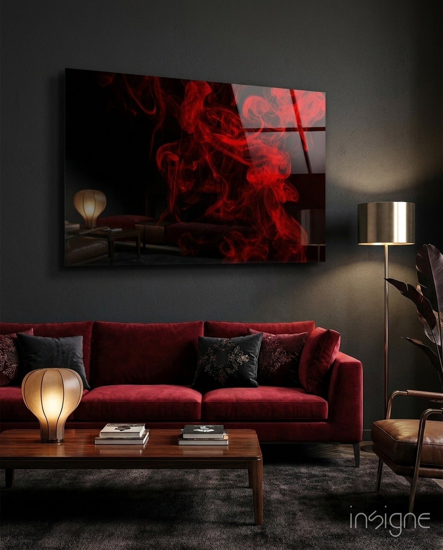 Rising red smoke wisps glass wall art