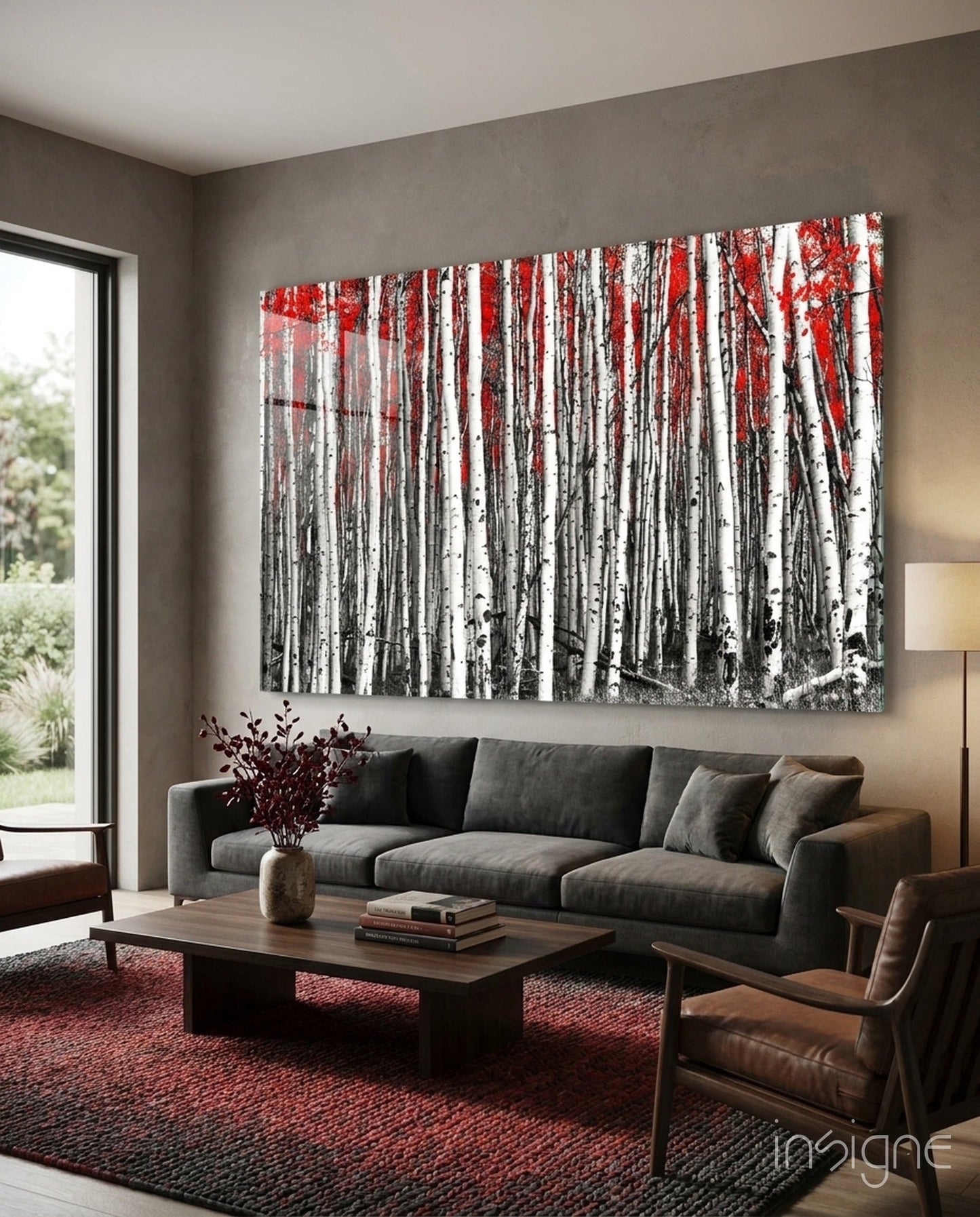 Birch Forest Red Treetops Glass Art
