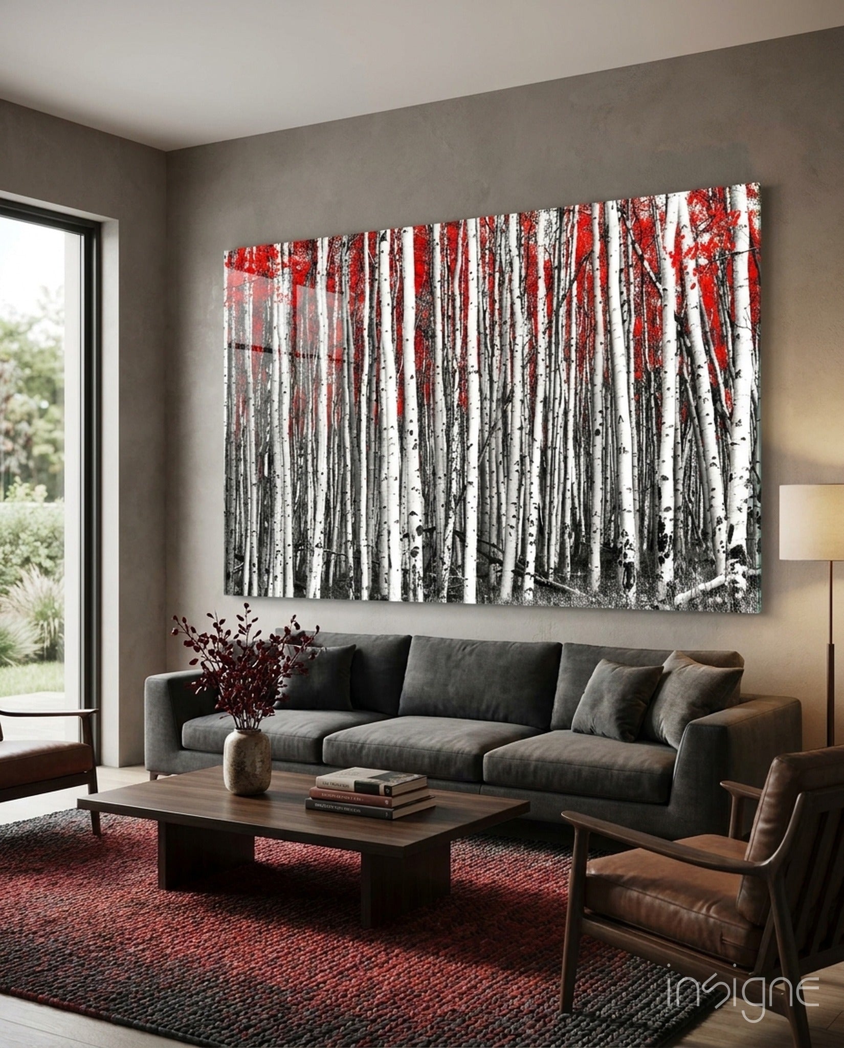 Birch Forest Red Treetops Glass Art
