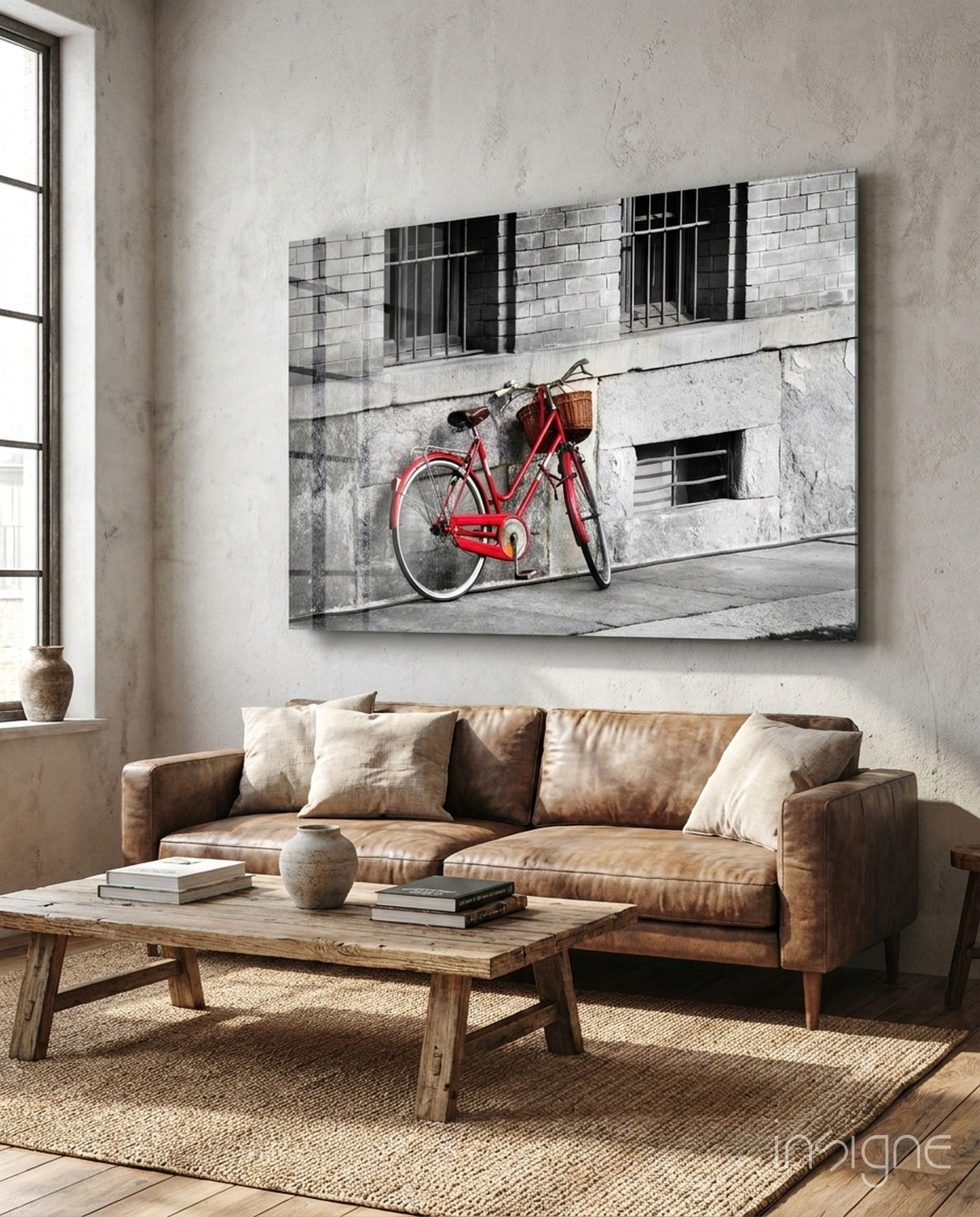 Red bicycle glass wall art in warm bright tones on high-gloss tempered glass