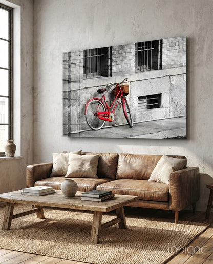 Red bicycle glass wall art in warm bright tones on high-gloss tempered glass