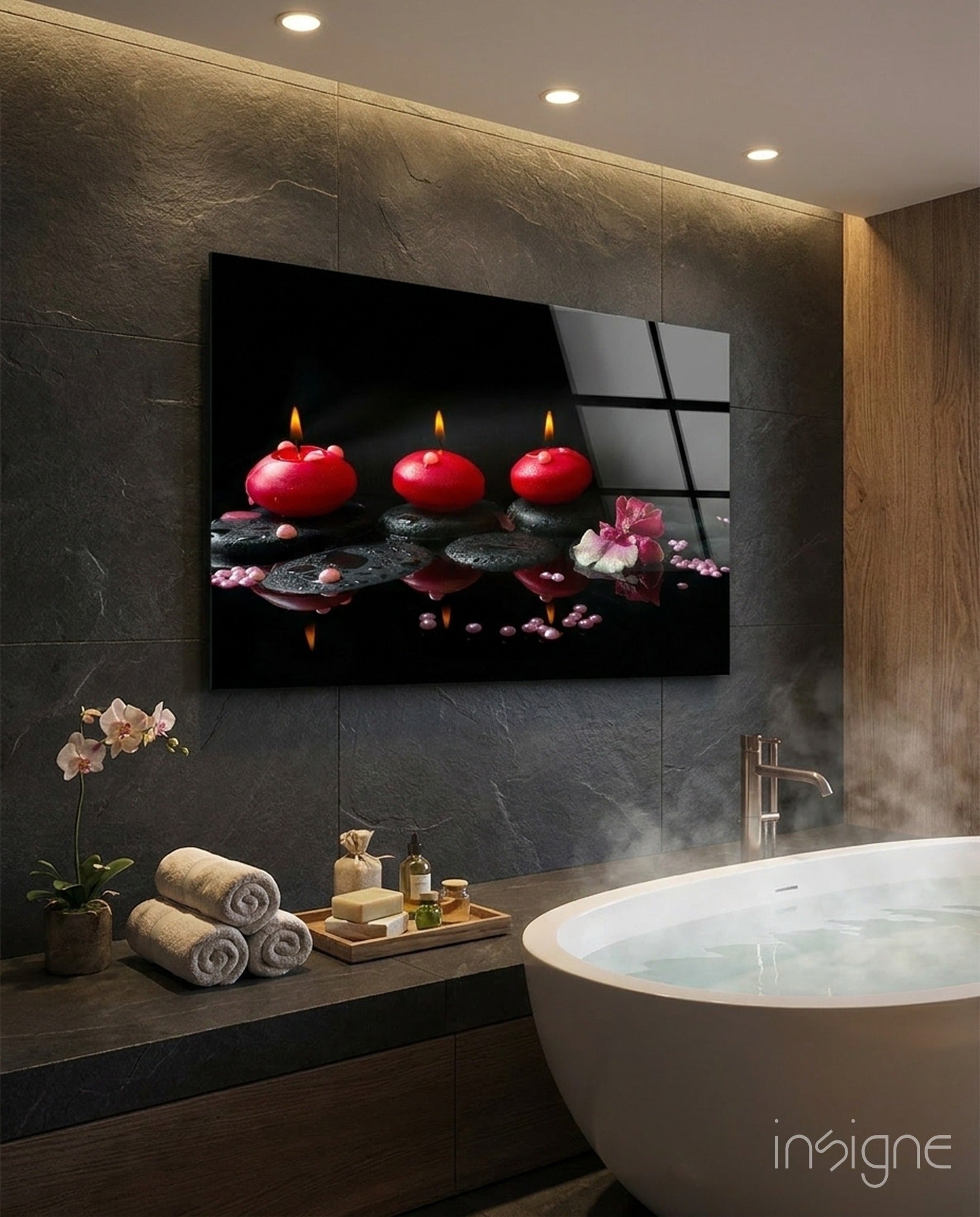 Red candles zen stones glass wall art