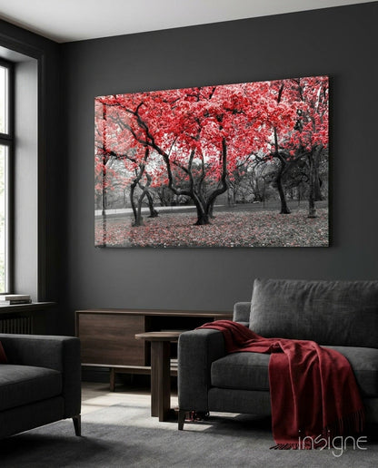 Crimson autumn park trees glass wall art