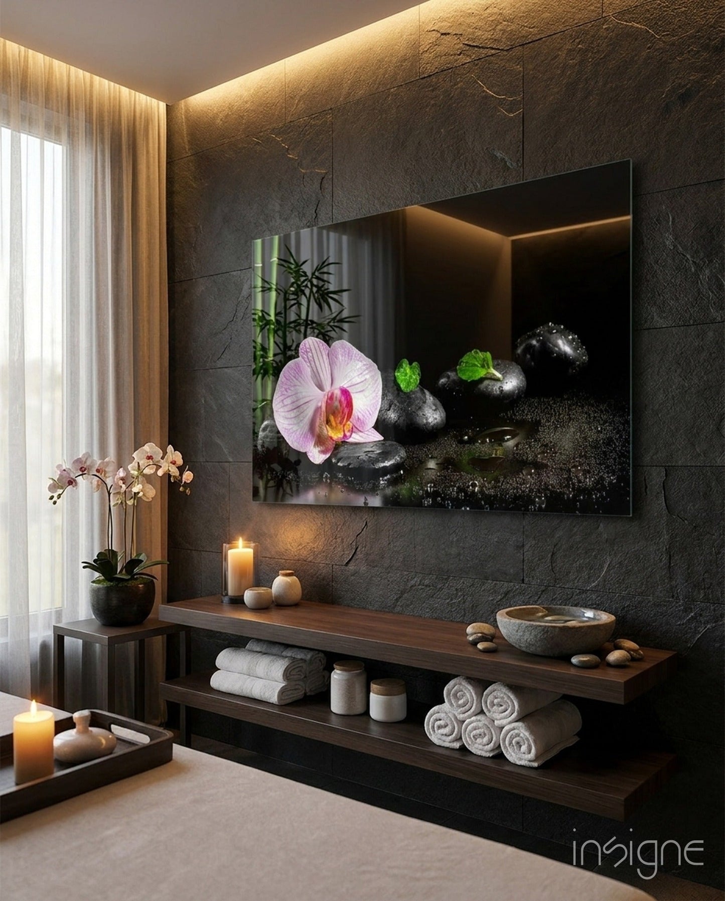 Pink Orchid Zen Stones glass wall art