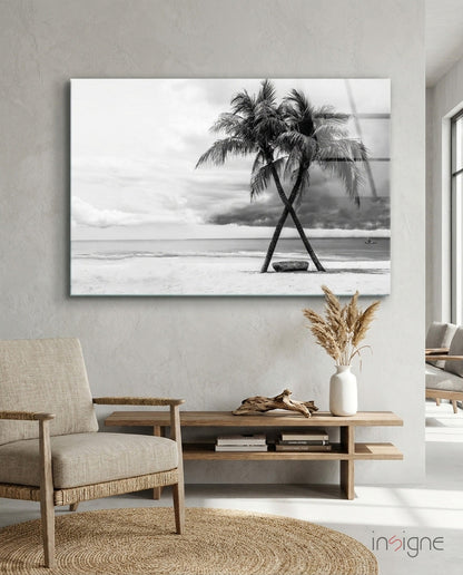Black and white twin beach palm trees glass wall art