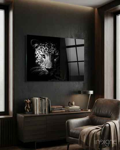 Leopard face in shadow tempered glass wall art