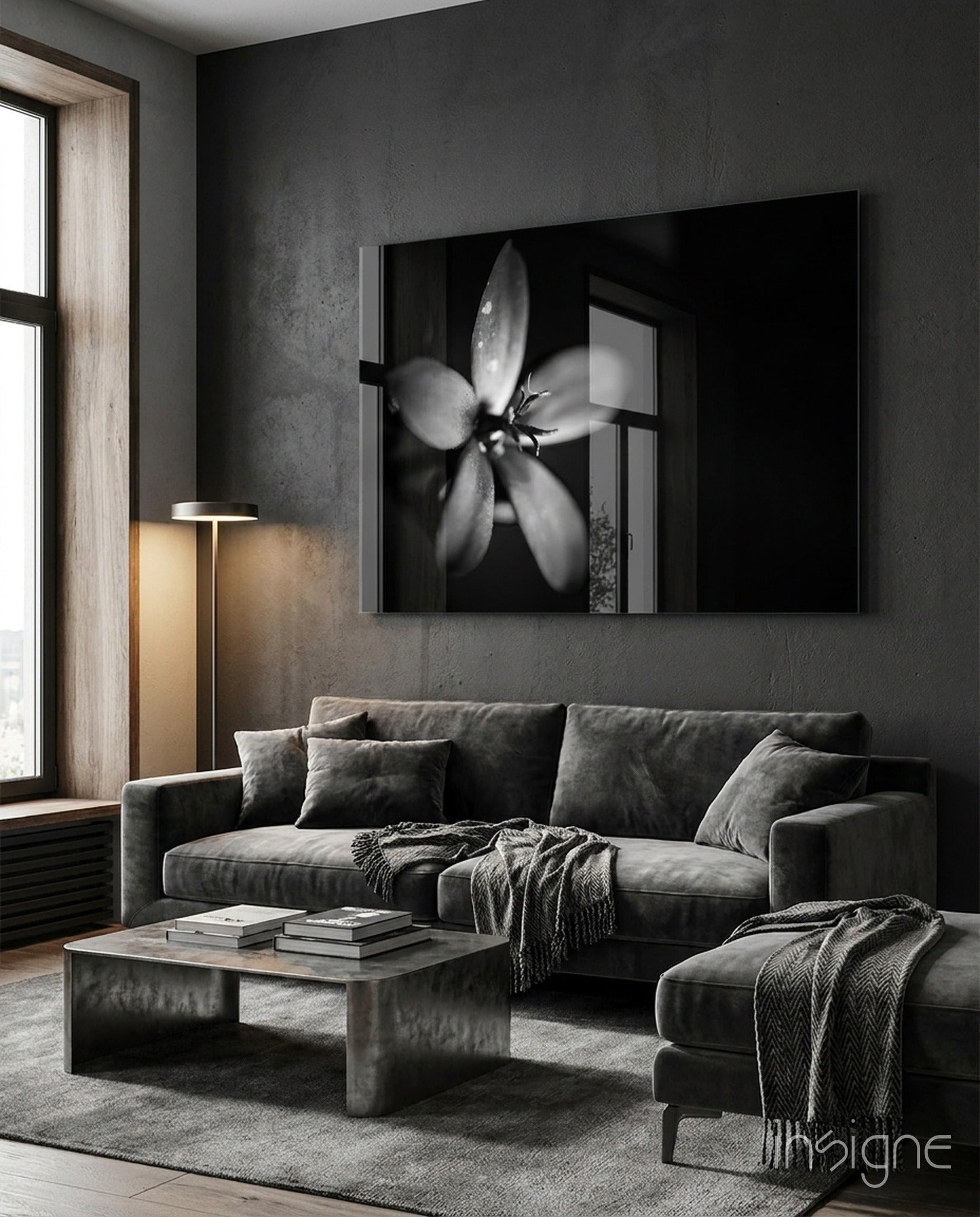 Dark moody dewdrop flower glass wall art