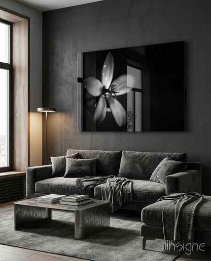 Dark moody dewdrop flower glass wall art