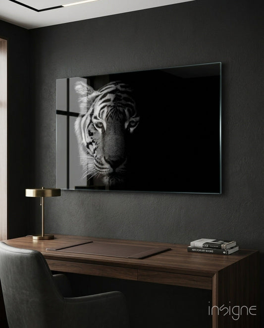 Black and white tiger portrait glass wall art