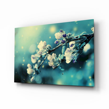 Teal Blossom Branch Glass Wall Art
