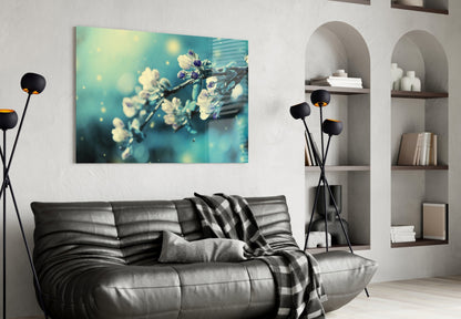Teal Blossom Branch Glass Wall Art