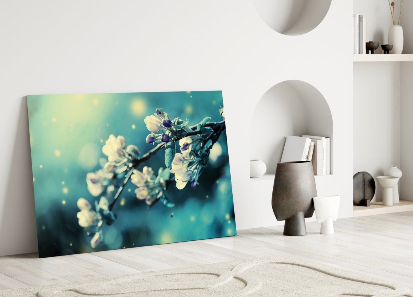 Teal Blossom Branch Glass Wall Art