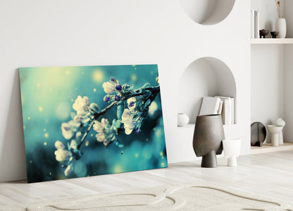 Teal Blossom Branch Glass Wall Art