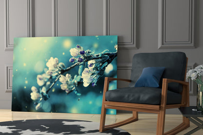 Teal Blossom Branch Glass Wall Art