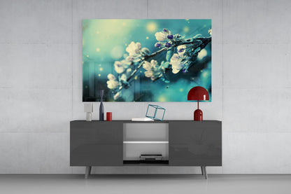 Teal Blossom Branch Glass Wall Art