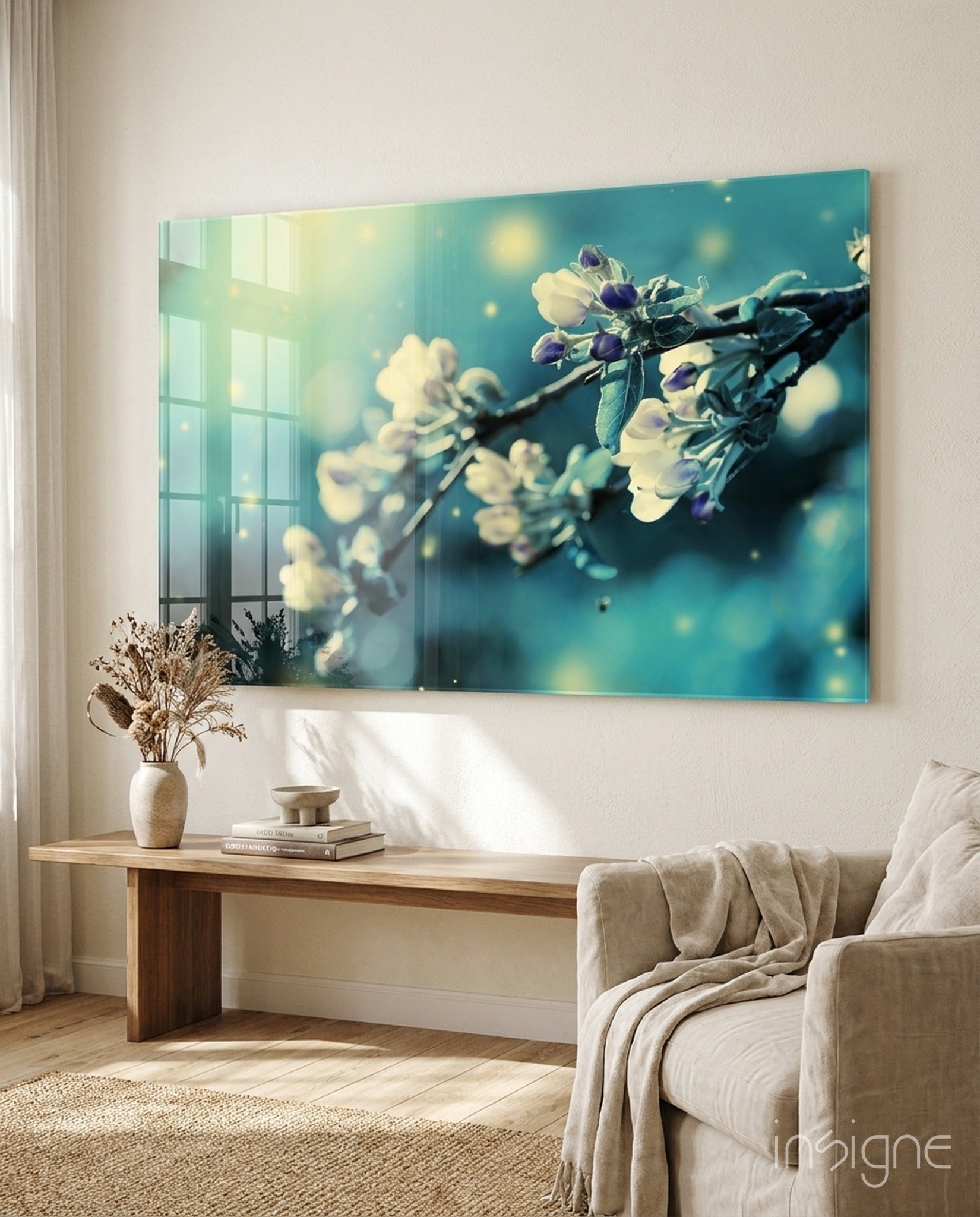 Teal blossom branch glass wall art print