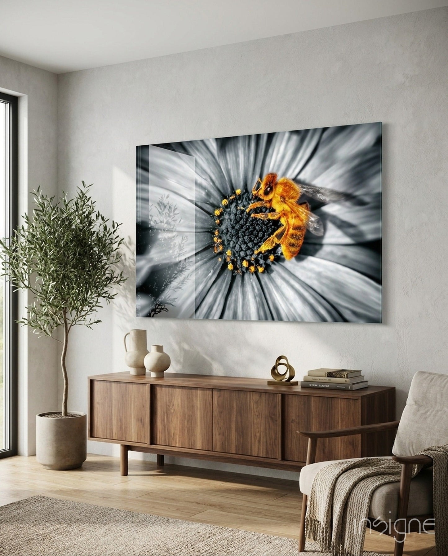Honey bee on flower glass wall art panel