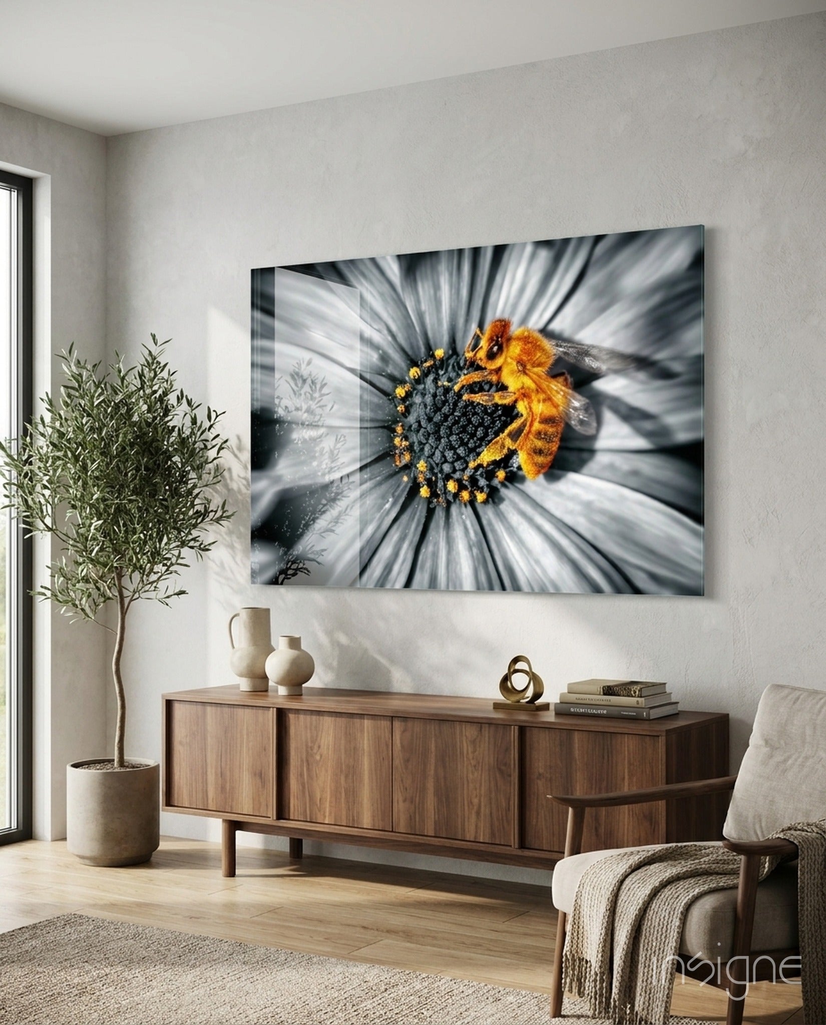 Honey bee on flower glass wall art panel