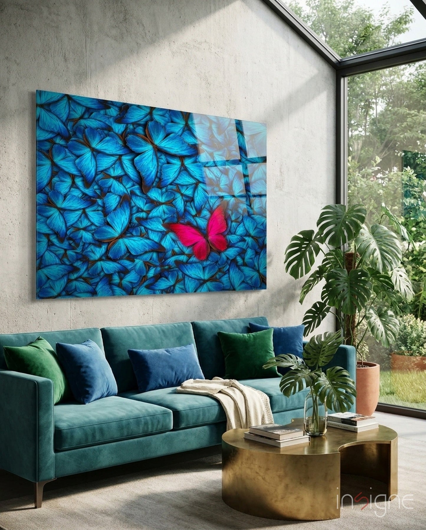 Butterfly glass wall art blue and pink tempered glass