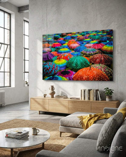 Rainbow umbrella crowd glass wall art
