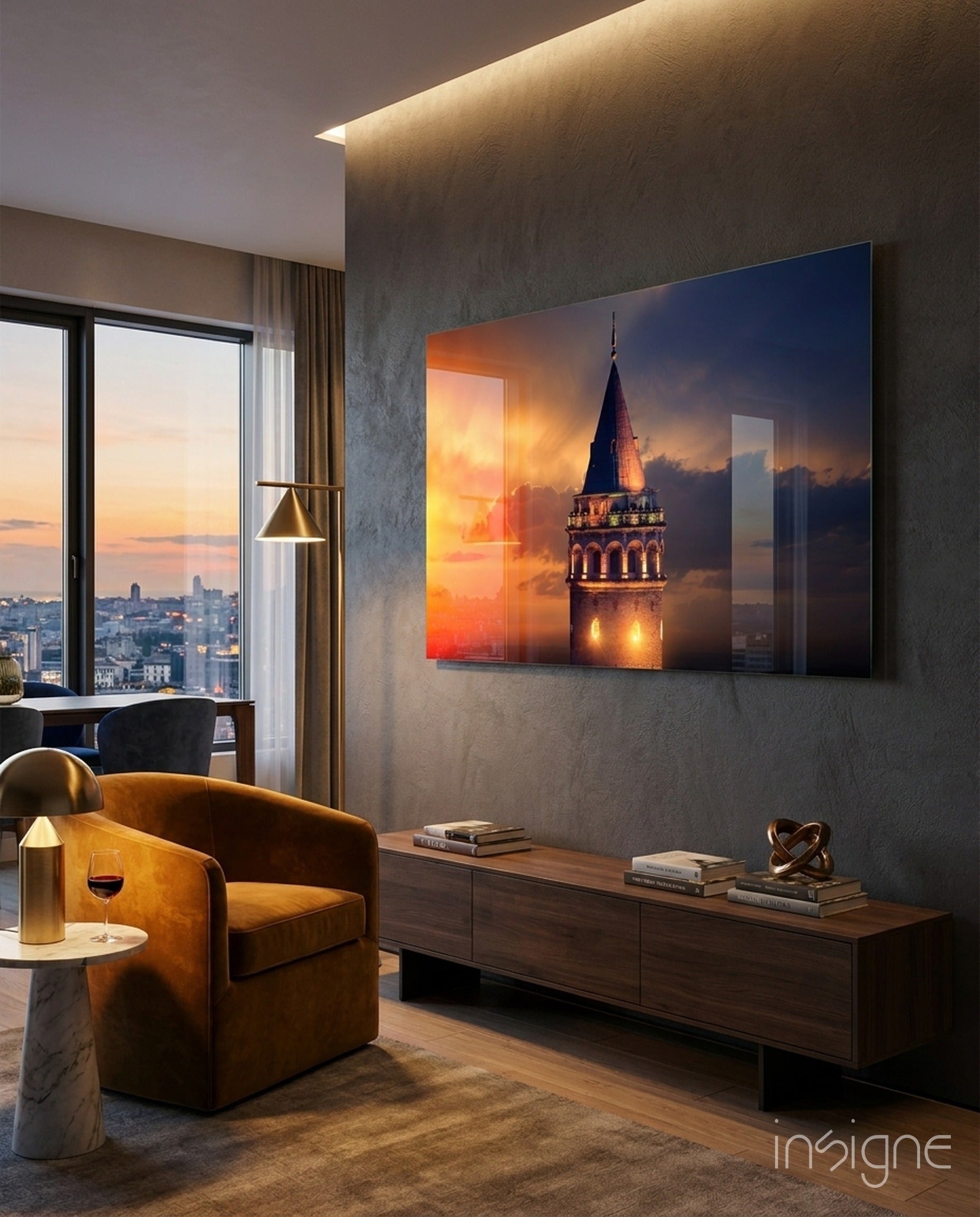 Galata Tower sunset glass wall art Istanbul skyline