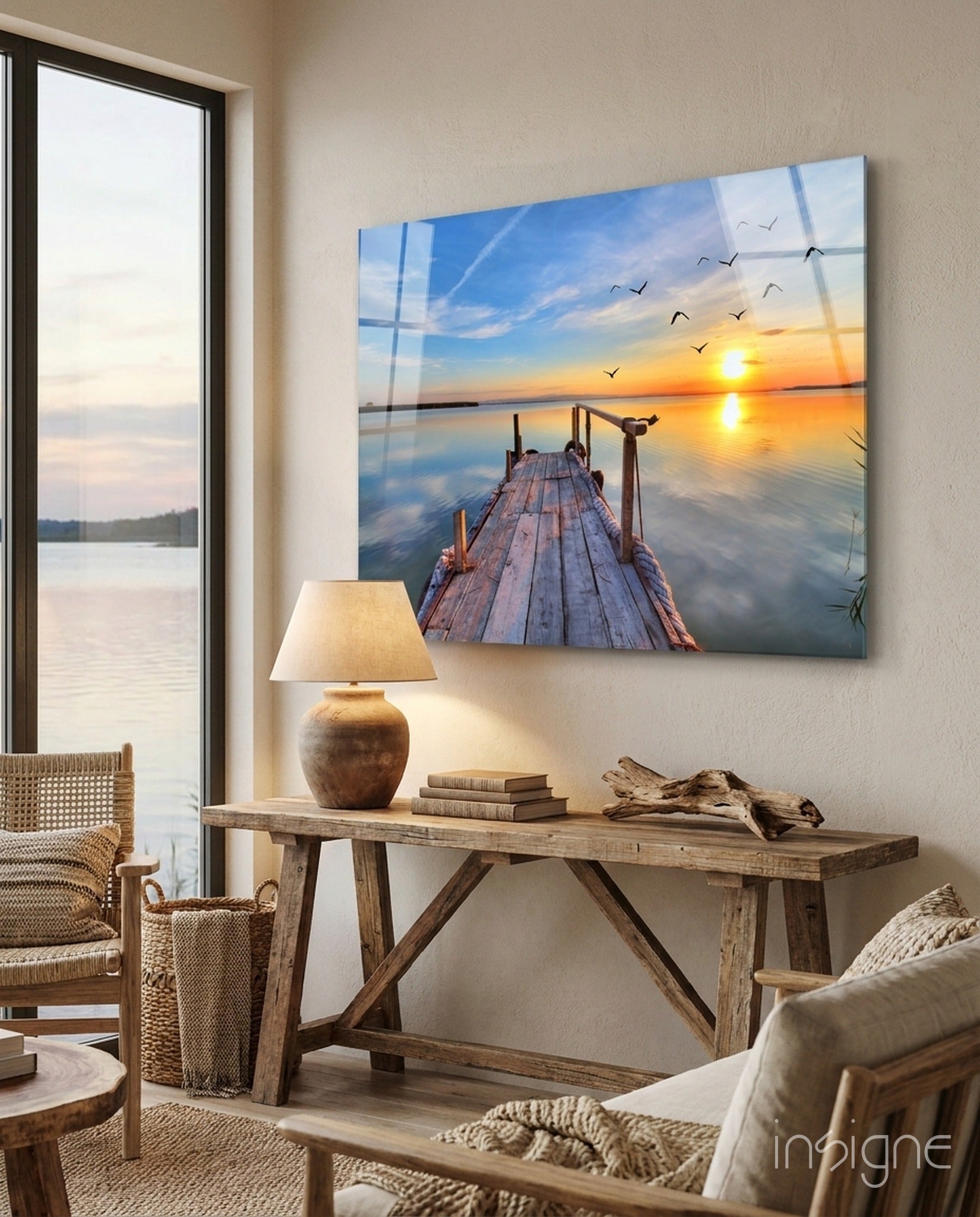Golden Sunset Flying Birds Dock glass wall art sunrise landscape print