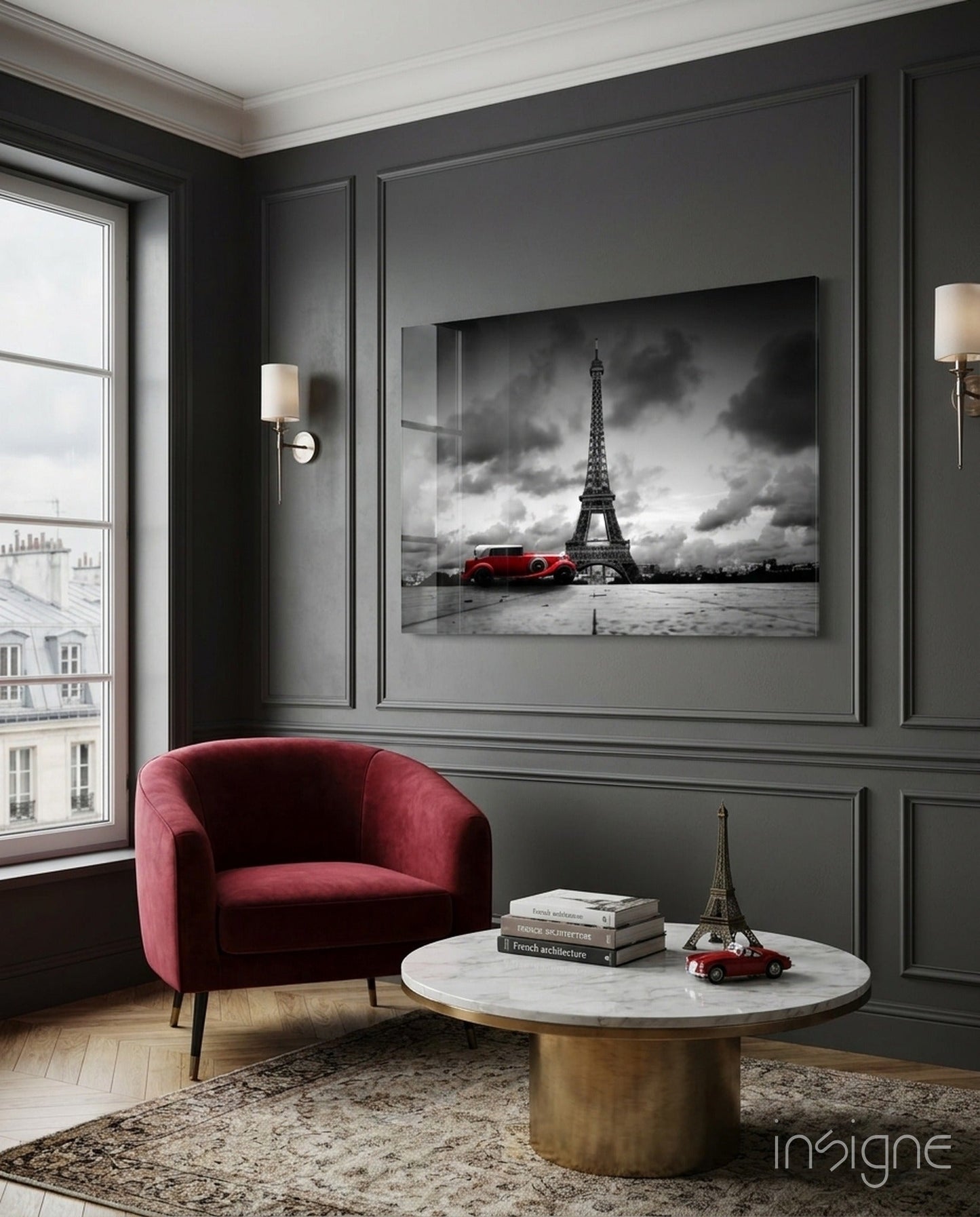 Red vintage car Eiffel Tower glass wall art