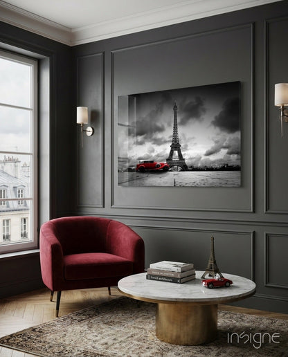 Red vintage car Eiffel Tower glass wall art