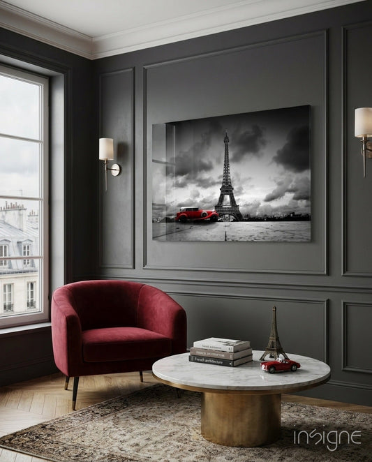 Red vintage car Eiffel Tower glass wall art