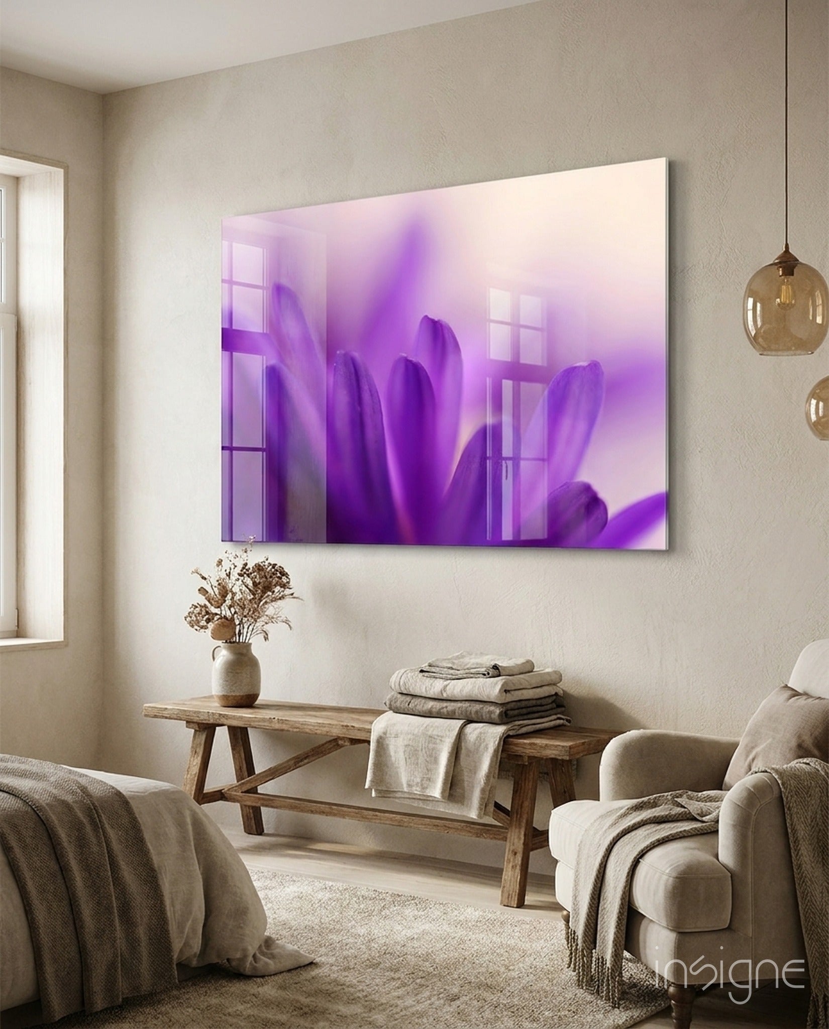 Purple daisy petals glass wall art macro flower photo