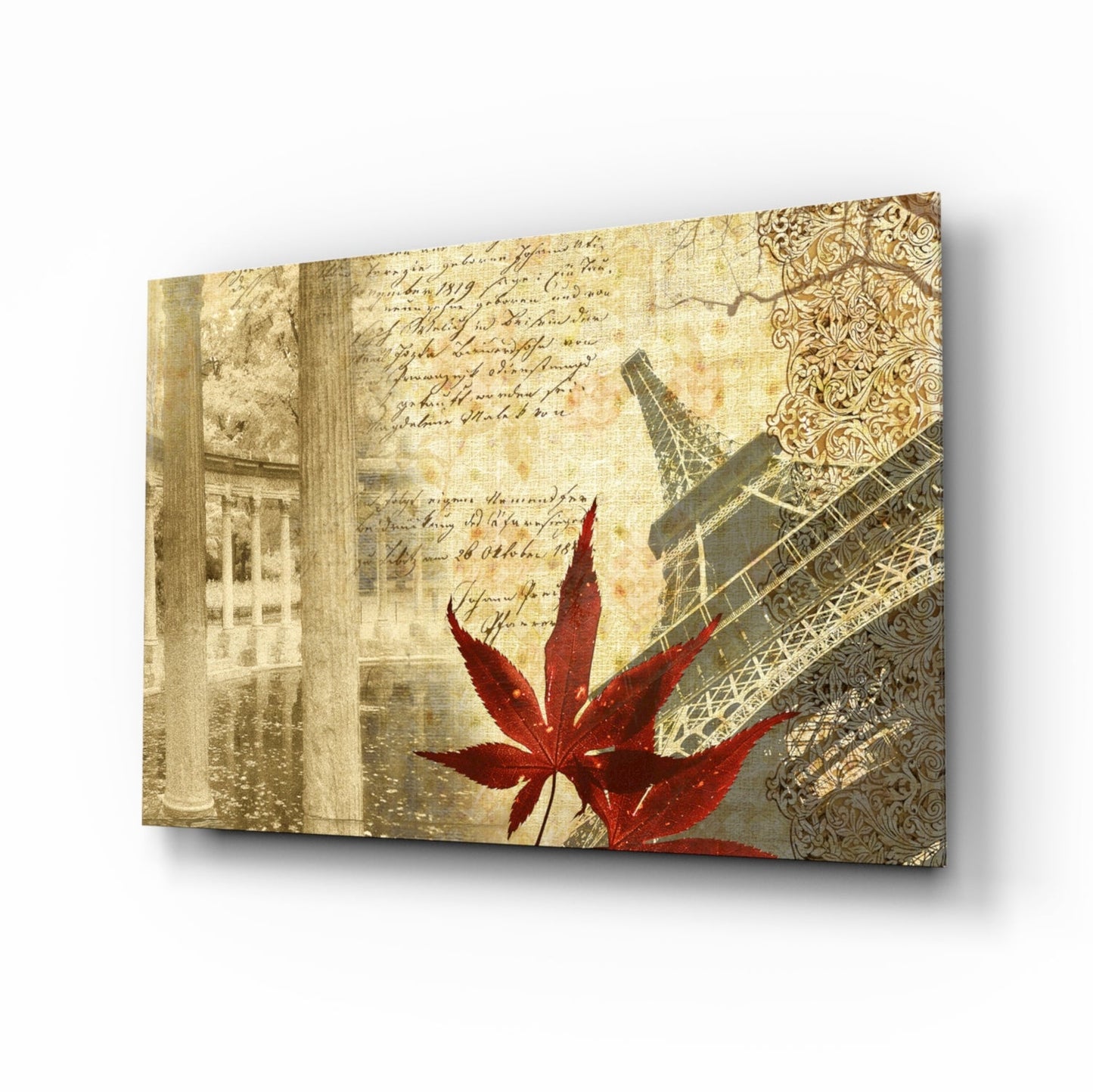 Paris Eiffel Tower Maple Leaf Glass Wall Art